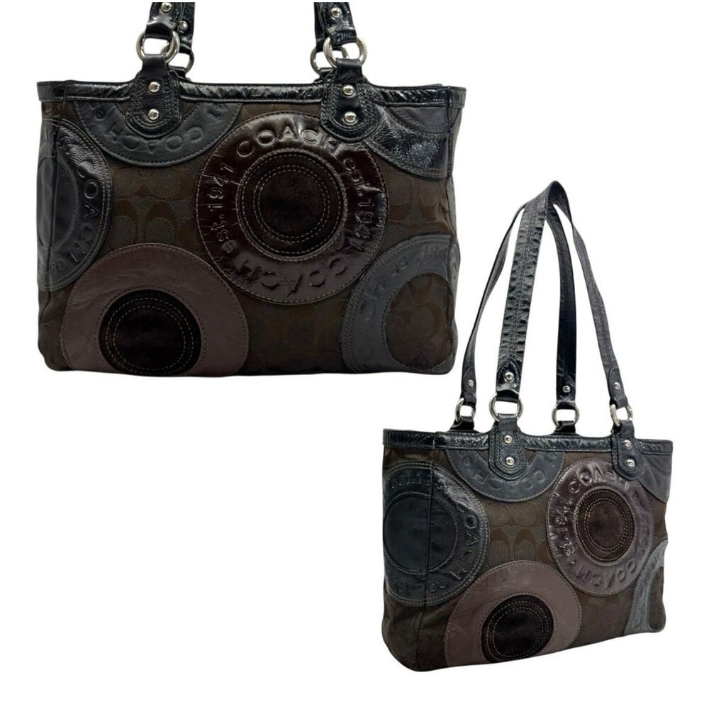 COACH F15466 Circle Patchwork Tote Bag East West Jacquard Leather M Handbag